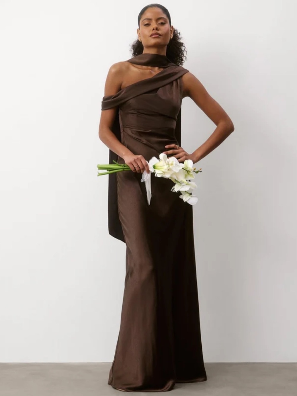 One-Shoulder Chocolate Brown Satin Gown